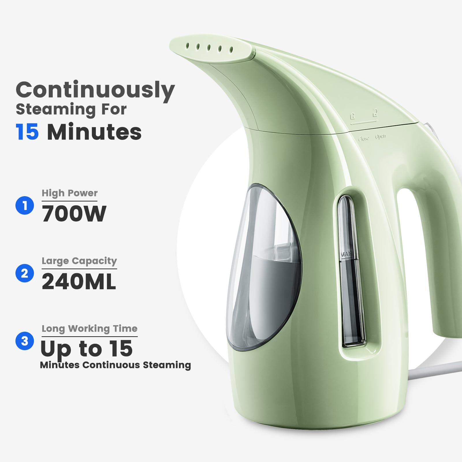 HiLIFE Steamer for Clothes, Portable Handheld Design, 240ml Big Capacity, 700W, Strong Penetrating Steam, Removes Wrinkle, for Home, Office and Travel(ONLY FOR 120V)(White)