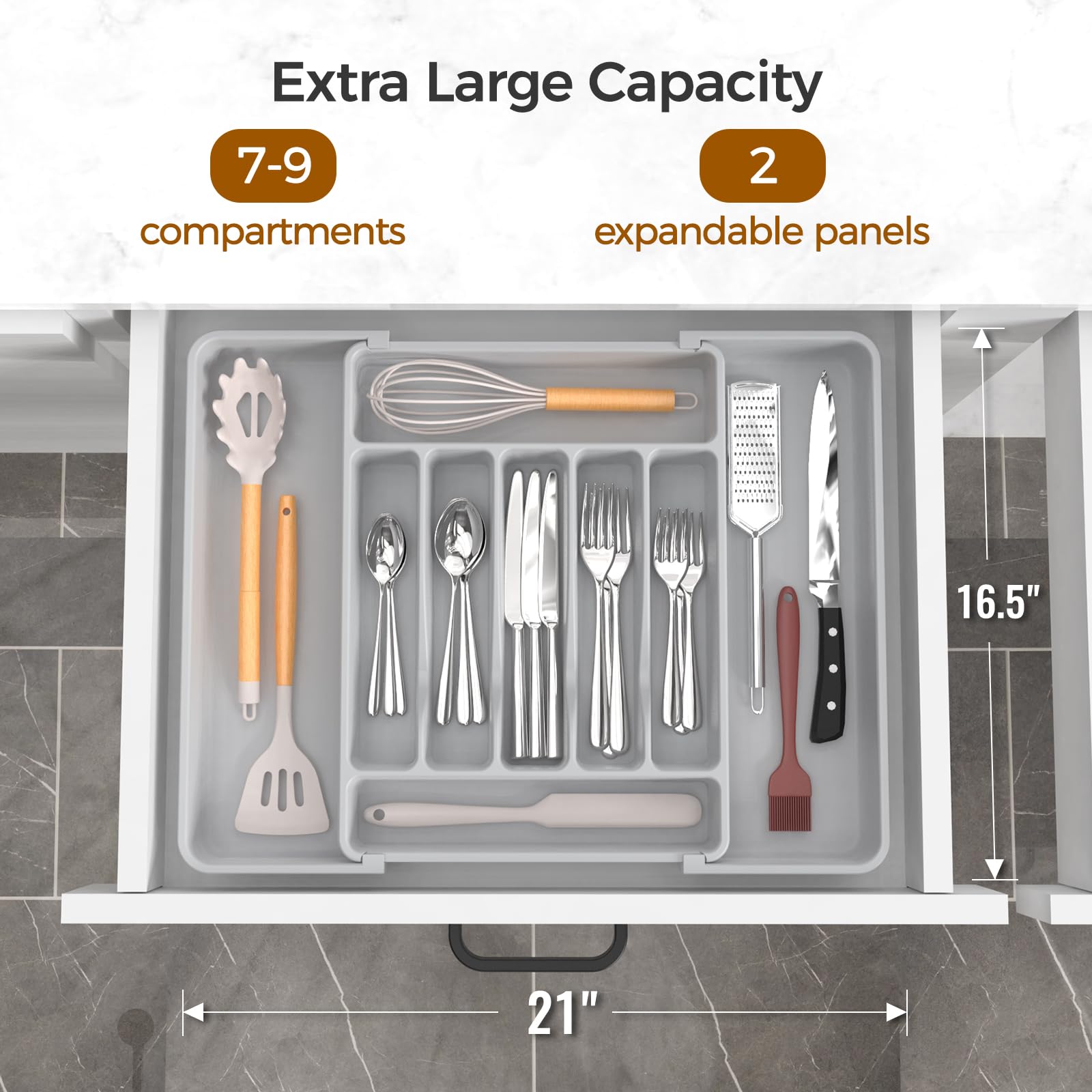 Extra Large Expandable Silverware Organizer, BPA-Free Food-Safe Cutlery Flatware Organizer, Kitchen Utensil Drawer Organizer, Adjustable Silverware Holder for Spoons Forks Knives, Black